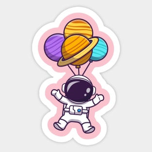 Cute Astronaut Floating With Planet Balloon In Space Cartoon Sticker